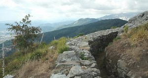 Gothic Line. War trench of the Gothic Line in Versilia. Panorama of Versilia from Monte Folgorito in the Apuan Alps. Apuan Alps, Tuscany, Italy.