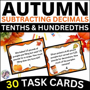 Subtracting Decimals Word Problems Hundredths Task Cards Autumn Back To Schoo