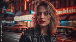 A young woman with flowing hair and a bright smile stands confidently on a bustling city street at night, neon light surround her. Wearing a leather jacket.