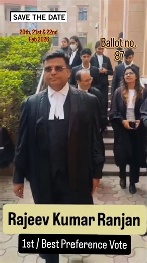 Respected Colleagues / Respected Members of the Bar, I, Rajeev Kumar Ranjan, Advocate, humbly seek your blessings, support, and valuable 1st / Best Preference Vote in the forthcoming Bar Council of Delhi Election 2026, as a candidate for Member, Bar Council of Delhi. 🗳 Election Dates: 20th, 21st & 22nd February 2026 📍 Election Venue: Delhi High Court 📑 Enrollment No.: D/650/2002 📅 Enrollment Date: 17/07/2002 🗳️ Ballot no. : 87 With over two decades of dedicated legal practice, I remain firm