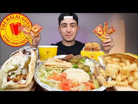 MUKBANG EATING The Halal Guys Beef Gyro & Chicken Platter, Falafel Sandwich, Baklava, Fries, Hummus