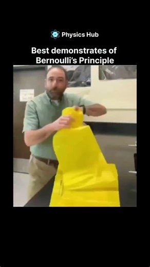 Physics Hub on Instagram: "In this experiment, the person is showing how Bernoulli’s principle works using a large air-filled yellow bag. When he swings or pushes the bag quickly through the air, the air on one side of the bag starts moving faster. According to Bernoulli’s principle, faster-moving air has lower pressure. Because of this pressure difference, the bag gets pulled or lifted toward the area of lower pressure, making it move in a surprising way. This simple demonstration helps student