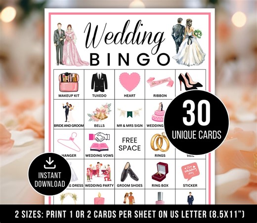 Wedding Bingo Cards, 30 Wedding Bingo Game Cards, Bridal Shower Bingo Game, Wedding Game Idea, Wedding Reception Game, Bachelorette Games - Etsy