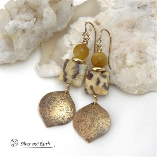 Gold Brass Earrings With Feldspar Moonstone & Golden Tiger's Eye Gemstones, Modern Elegant Chic Unique Gemstone Jewelry - Etsy