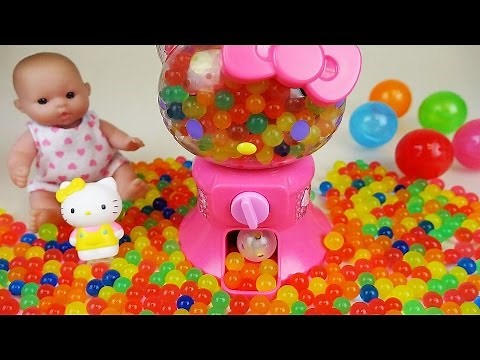 Hello Kitty Surprise egg machine and baby doll orbeez and Kinder joy toys play