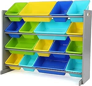 Humble Crew Toy Storage Organizer with 16 Removable Storage Bins for Kids Playroom, 4-Tier Toddler Toy Organization and Storage, Grey/Blue/Green/Yellow