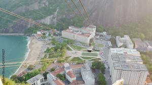 Cable car at Sugar Loaf Mountain, view of Rio cityscape and Sugarloaf Cable Car.