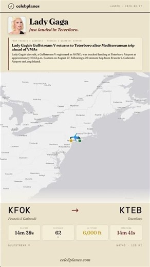 75 mi · Lady Gaga's jet · KFOK → KTEB