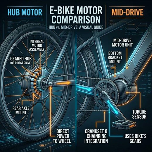 Hub motor or mid-drive? Hub motors are affordable and low-maintenance, great for flat commutes. Mid-