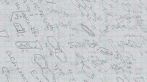 Mathematical equations and scientific diagrams animation over grid paper background. Science, mathematics, technology, education, physics, chemistry