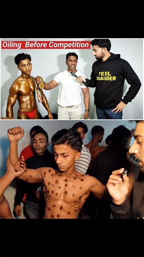 Oiling Before Bodybuilding Competition.