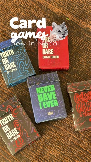 such fun card games are finallyy here in Nepal🇳🇵✨🥰 !! Never have i ever, truth or dare ( editions: 13 , Couples, 18 ), cursed cards, do or drink!! All the cards are soo much fun and have yesto crazy and interesting things written on them!! No wayy of getting boredd😛🤣! Must have for this festive season or for any hangout❤️ Enjoy with your friends, familyy #cardgames #neverhaveiever #fungames #boardgames #creatorsearchinsights