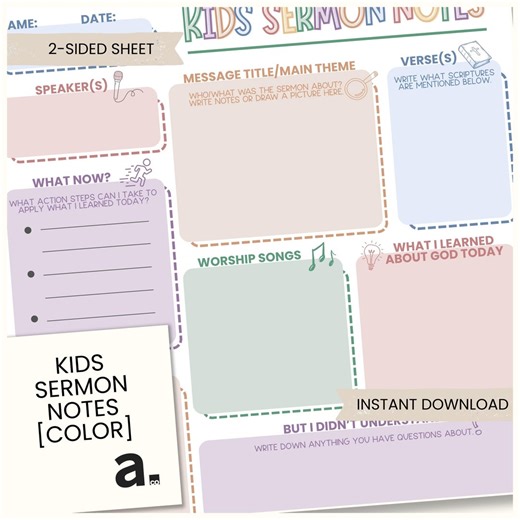Kids Sermon Notes Color Printable | Church Activity Page | Bible Worksheet (instant Download) - Etsy