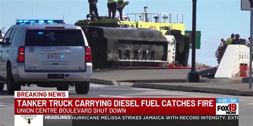 Tanker carrying diesel fuel catches fire