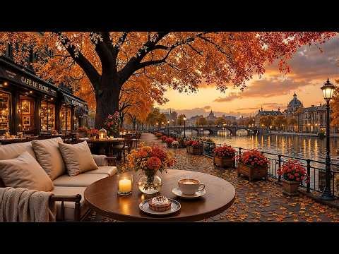 Relaxing Piano Jazz Music 🍂 Peaceful Coffee Shop Warm Riverside Sunset View for Study, Work