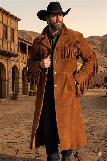 Men's Faux Suede Fringe Duster Coat – Western Cowboy Boho Jacket