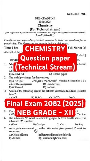 CHEMISTRY Question paper (Technical Stream) || NEB GRADE - XII 2082 (2025) #exam #chemistry