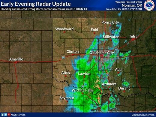 Early Evening Radar Update: Areas of moderate to heavy rain, and a few embedded storms, continue across south-central Oklahoma/north Texas. Flooding remains the primary concern across the area through early Thursday morning. Remain weather aware! | US National Weather Service Norman Oklahoma