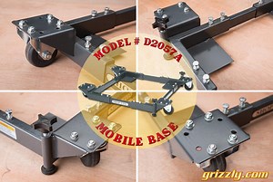 We’re showcasing our Heavy-Duty Mobile Base. At $74.95, it’s designed to give you a stable and mobile platform upon which to mount machinery and equipment. The heavy-duty casters are arranged on outriggers allowing the machine to sit as low as possible and yet be extremely stable. Swivel casters on two corners provide excellent maneuverability. The bolt pattern on the fixed caster side allows orientation of the wheels in either of two directions. The base can be assembled in any of eight configu