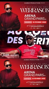 204K views · 5K reactions |  La billetterie est ouverte !  Werrason sera en concert exceptionnel le 15 février 2025 a L’arena Grand Paris . La superstar Werrason de retour à Paris pour offrir ce qui promet d’être un concert inoubliable.  Pour décrocher le précieux sésame, ça se passe ici : https://billetterie.arenagrandparis.fr/fr/product/61/arena_grand_paris_hall_1/werrason #Werrason #Evenement2025 #concert #paris #arenagrandparis | Formidable waouh | Facebook