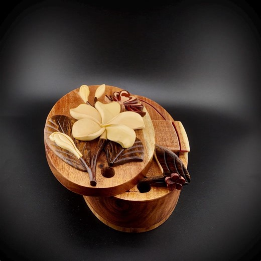 Handmade Wooden Plumeria Puzzle Box: Secret Jewelry Keepsake