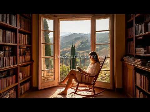 Cozy Tuscan Library Vibes with Golden Hour Sunset and Smooth Melodies | Jazz Sounds Room