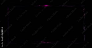 Neon broken frame with distortions glowing purple flash. Black curved glass rectangle illuminated by 3d render luminous line for effective electric led shows