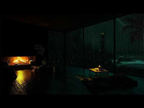 Fall Asleep Instantly(No Ads)😴🔥Soft Ocean Rain & Thunder Sounds | Warm Glass Cabin for Calm Night