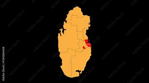 Doha map animated video. The location is highlighted on the Qatar map. Colour map with transparent background in video format.