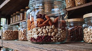 Assorted nuts and dried fruits displayed in clear jars on wooden shelves