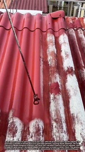 Roof Coating Process: Protective Red Paint Application on Metal Sheets