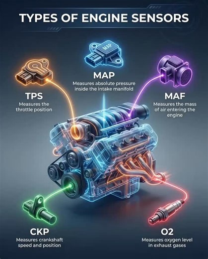 your mechanic on Instagram: "Explanation of the engine sensors shown in the image and their role in engine management: 🔧 Types of Engine Sensors 1. TPS (Throttle Position Sensor) Function: Measures how far the throttle valve is opened Purpose: Helps ECU control fuel injection, ignition timing, and acceleration Symptoms if faulty: Poor acceleration, jerking, high idle, delayed throttle response 2. MAP (Manifold Absolute Pressure) Sensor Function: Measures air pressure inside the intake manifold