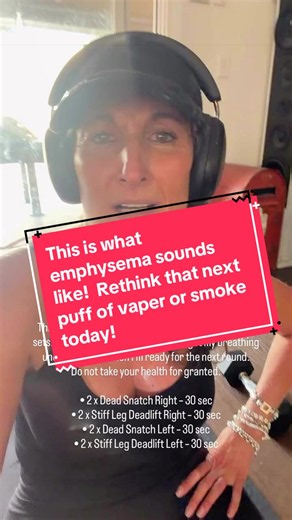 This is what Stage 1 emphysema sounds like between sets. After each set, I need to stop to get my breathing under control — then I’m ready for the next round. This is how out of breath I am after doing: • 2 x Dead Snatch Right – 30 sec • 2 x Stiff Leg Deadlift Right – 30 sec • 2 x Dead Snatch Left – 30 sec • 2 x Stiff Leg Deadlift Left – 30 sec Living with Stage 1 emphysema does not mean I am unfit. It means breathing is a daily challenge — and always will be. Over the last 10 years, I have work