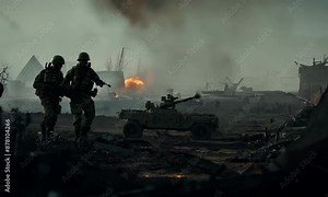 Apocalyptic vision of soldiers moving through a desolate, fiery landscape, possibly representing war and its aftermath.