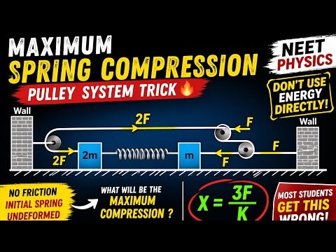 NEET Physics Trick 🔥 Maximum Spring Compression in Pulley System | Don’t Use Energy Directly!