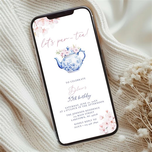 Afternoon Tea Party 55th Birthday Invitation Template, Blue Toile Chinoiserie Teapot 55th Birthday Invite, Time for Tea Birthday Evite, MI1 - Etsy
