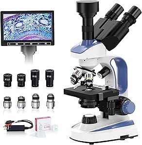 VITANO Microscope for Adults with 40X-2500X Magnification, Dual-View Lab Trinocular Compound Microscope with 7''Screen, Double Layer Mechanical Stage, Dual Illumination, Built in Camera (Blue)