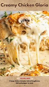 Creamy Chicken Gloria Ingredients: - 3 large chicken breasts, halved lengthwise - Salt and pepper to taste - Flour for dredging 2 tablespoons flour - 1 tablespoon olive oil - 4 tablespoons butter (1/2 stick), divided - 8 ounces cremini mushrooms, sliced - 2 cloves garlic, minced - 1/2 cup dry sherry - 1.5 cups heavy cream - 6 slices Muenster cheese Directions: 1. Preheat your oven to 375°F (190°C) and place the rack in the top third of the oven. https://recipesdina.com/creamy-chicken-gloria-reci