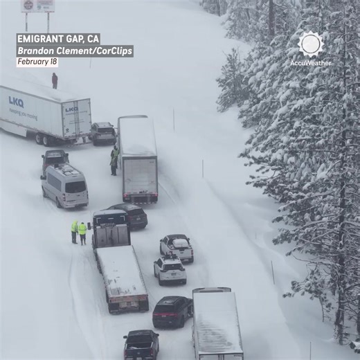A snow-covered I-80 in California turned into a parking lot near Emigrant Gap, where dozens of trucks were stuck and traffic was backed up for more than six miles after heavy snow forced a shutdown of the eastbound lanes. | AccuWeather