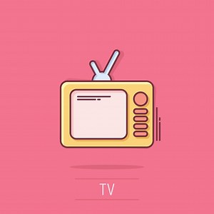 Tv icon in comic style. Television cartoon sign vector illustration on white isolated background. Video channel splash effect business concept.