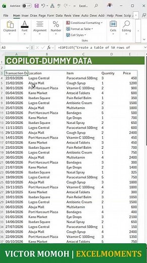 Copilot function for dummy Data in Excel