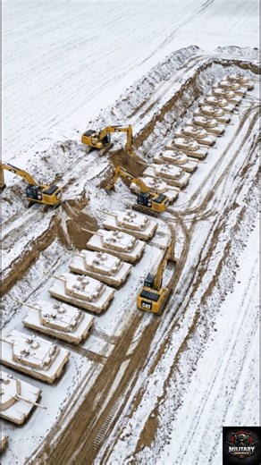 When the camouflage doesn't match the environment, you make your own cover. These M1 Abrams are painted for sand, not snow. To compensate, excavators have created a massive defilade position. From ground level, this armored column is virtually invisible to the enemy. 🇺🇸 . . #military #tactics #usarmy #logistics #camoflauge #winterwarfare #heavyequipment #excavator #armored #usa | Military Insights