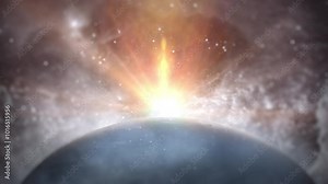 Dark Alien planet in the cloud galaxy with solar star abstract sci fi universe background. Deep Space Travel Animation background.