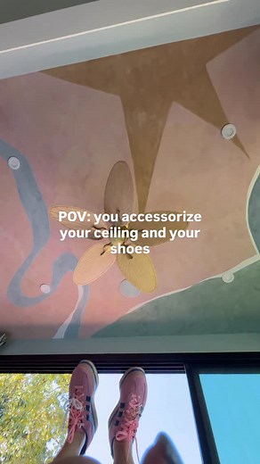 Mr. Kate | DIY and Design | Yes please to a DIY, hand-painted, limewash paint, abstract space-themed CEILING mural with palm leaf fan AND shoe charms! Full room reveal... | Instagram