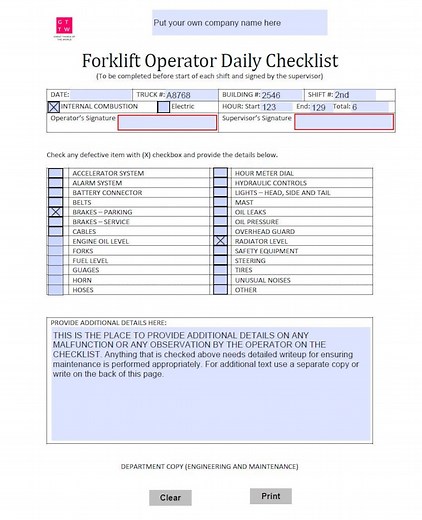 Forklift Operator Daily Checklist: Printable PDF Template - Etsy