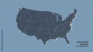 Mississippi, state of United States mainland, with its capital, localized, outlined and zoomed with informative overlays on a administrative map in the Stereographic projection. Animation 3D