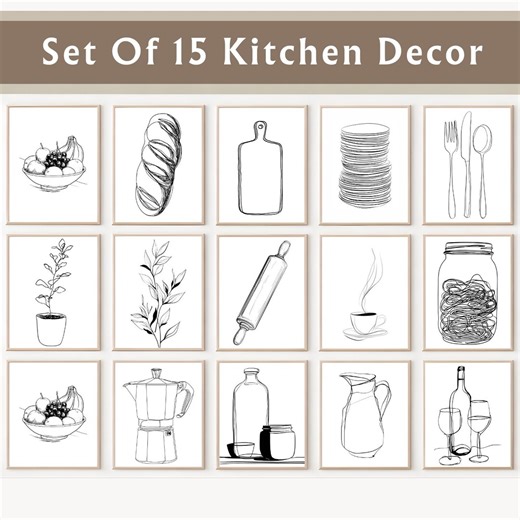 Set of 15 Kitchen Wall Art Prints, Minimalist Black and White Kitchen Decor Bundle, Modern Line Art & Utensil Art, Farmhouse Kitchen Art - Etsy