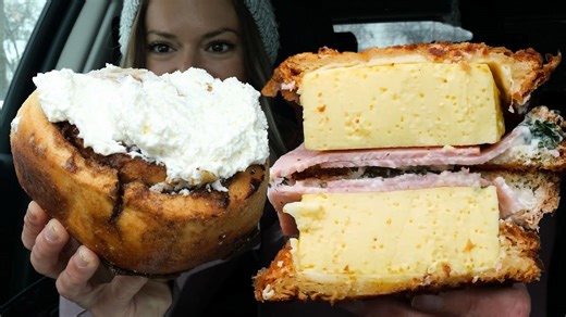 Croissant bread breakfast sandwich mukbang + giant cinnamon roll feast