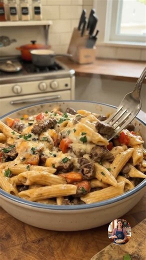 Creamy Steak Penne with Bell Peppers & Parmesan Cheese