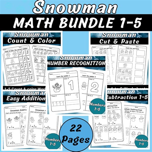 Snowman Winter Math Worksheets | Number Recognition, Counting 1-5, Cut & Paste, Addition and Subtraction - Etsy UK